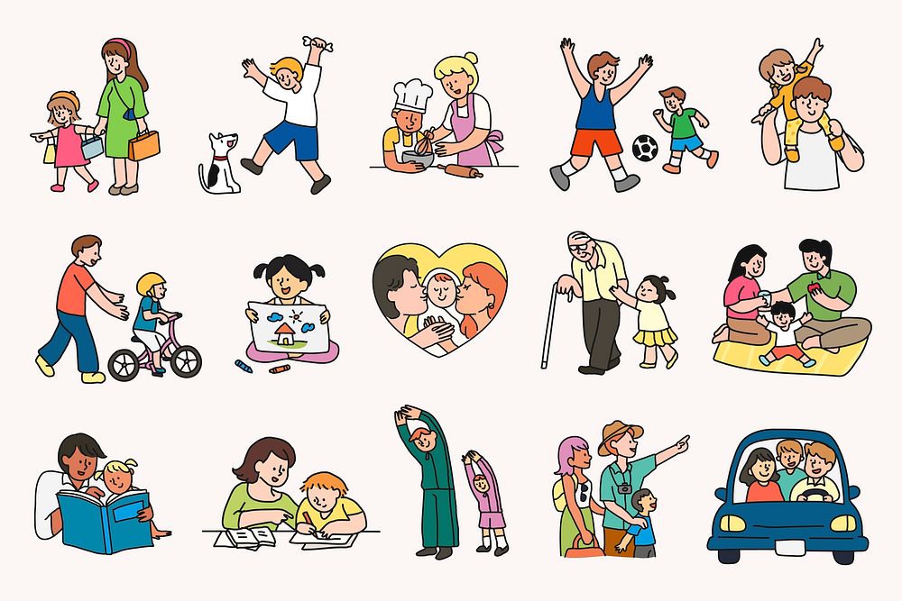 Family collage elements set, leisure activity illustration vector