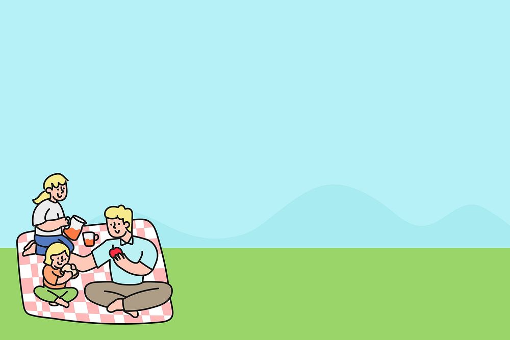 Cute blue background, family picnic illustration