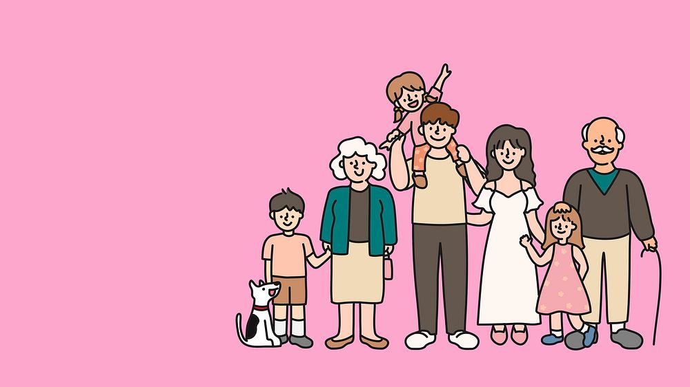 Pink computer wallpaper, big family cartoon illustration