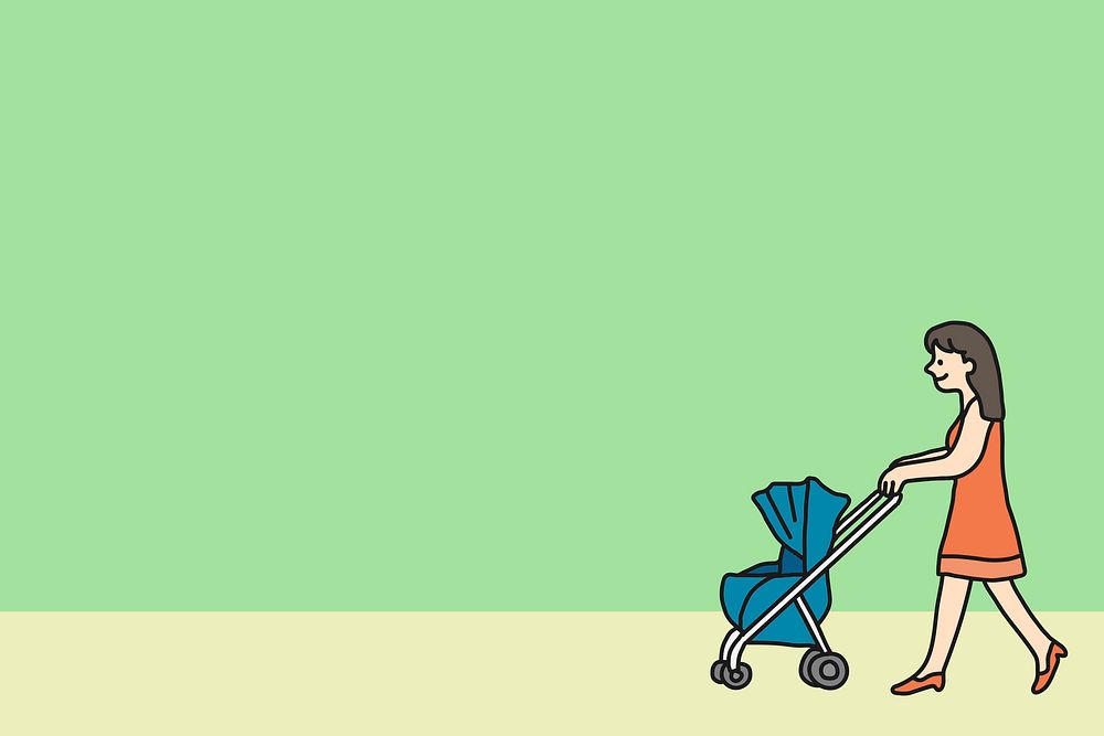 Mother and stroller illustration, green background psd