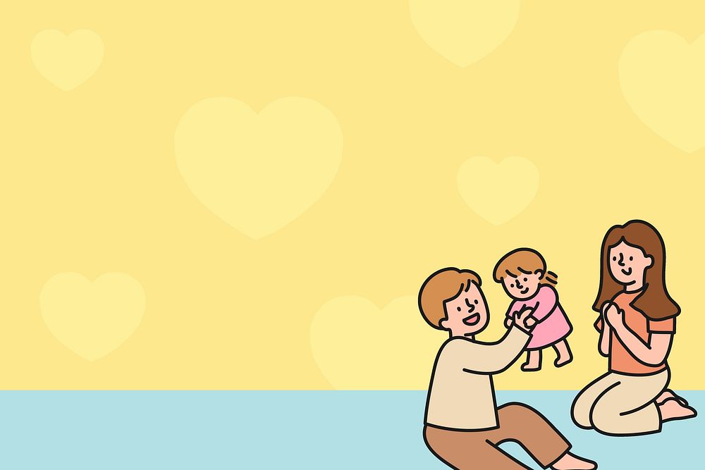 Happy family cartoon illustration, yellow  background psd