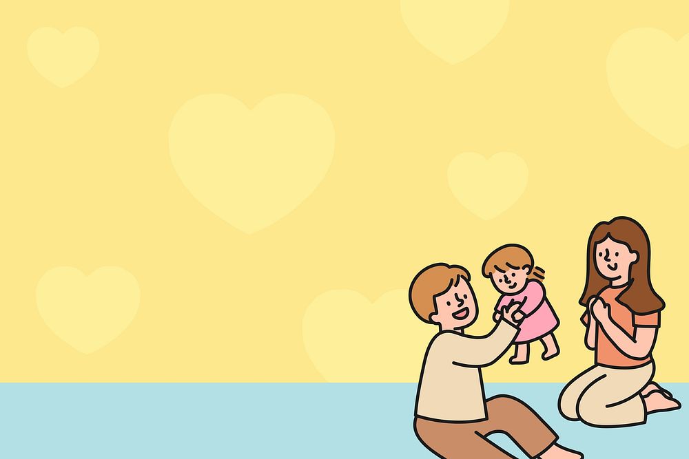 Yellow background, happy family cartoon illustration