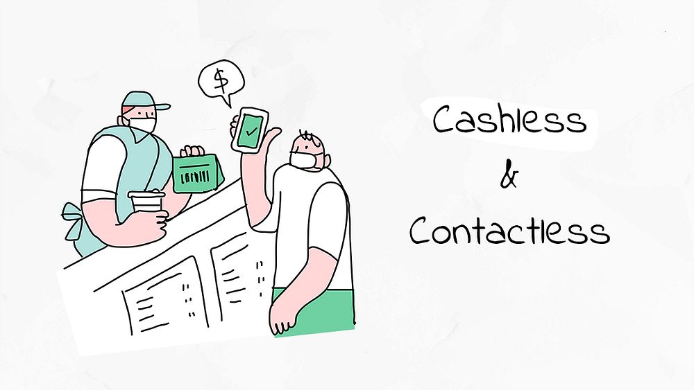 Cashless & Contactless payment psd new normal lifestyle doodle poster