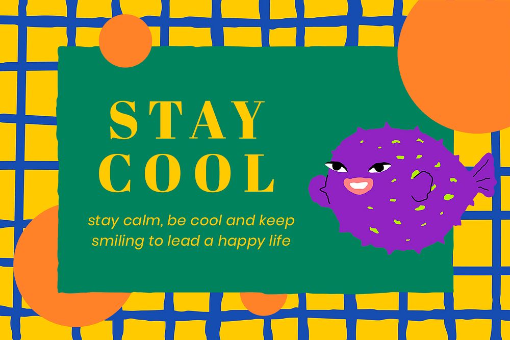 Stay cool phrase psd template positive cute purple fish illustration