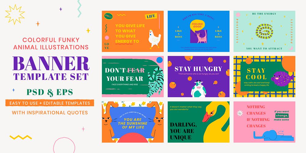 Motivational quote template psd banners with cute animal illustration set