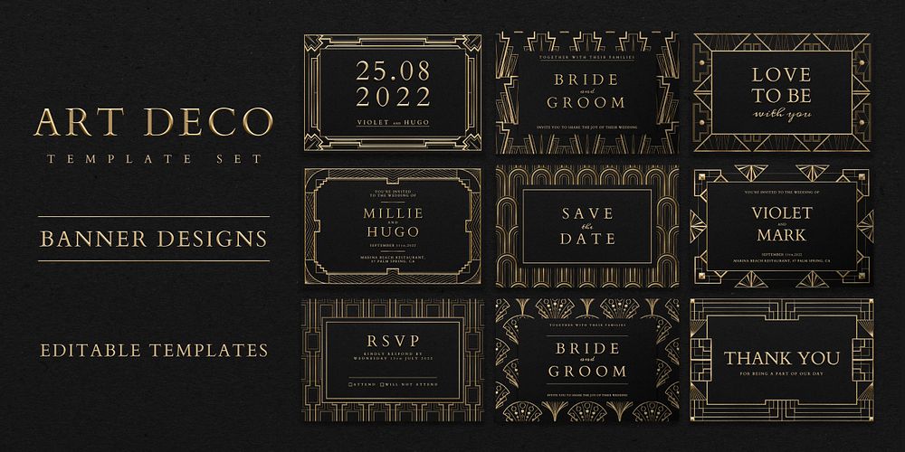 Wedding invitation psd set template with art deco pattern for social media banner