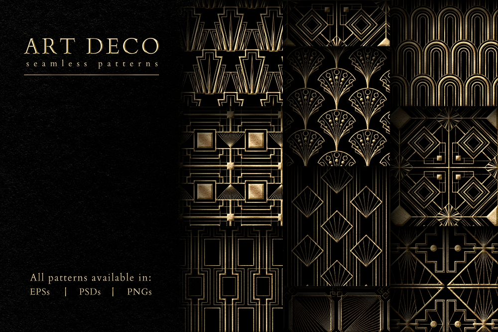 Art deco psd set seamless patterns on dark background
