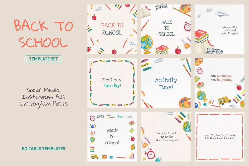 Back to school template psd editable set in watercolor social media post