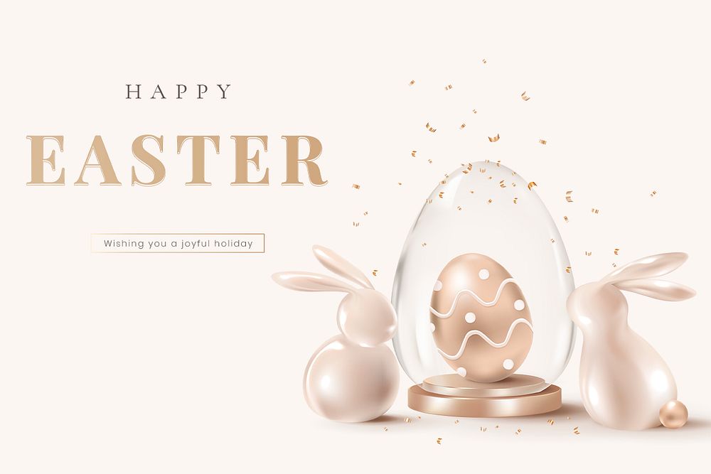 Happy Easter luxury template psd with 3D bunny rose gold social banner