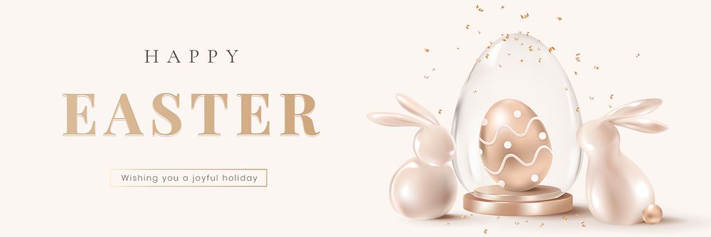 Happy Easter luxury template psd with 3D bunny rose gold social banner