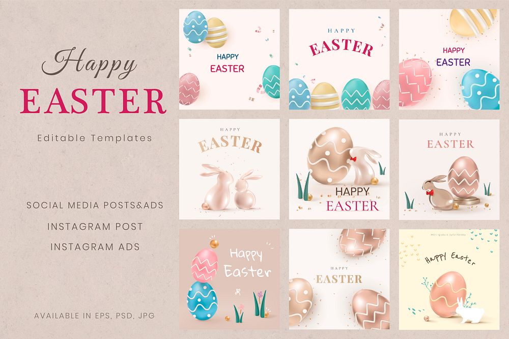 Happy Easter greetings template psd in 3D style holidays celebration social banners set