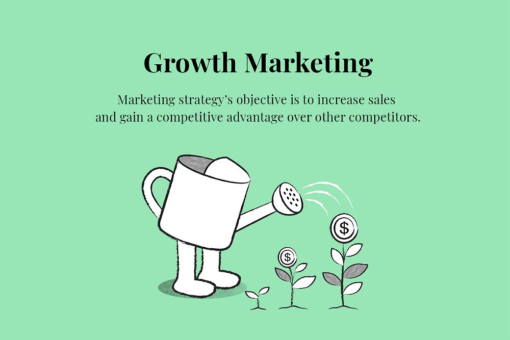 Growth marketing editable template psd with watering can doodle business illustration