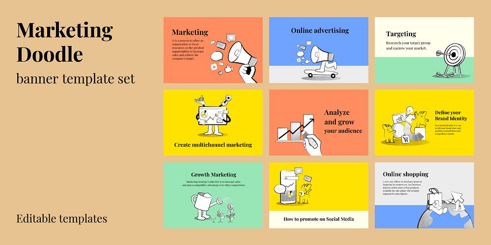 Editable marketing banner templates psd doodle illustrations for business set