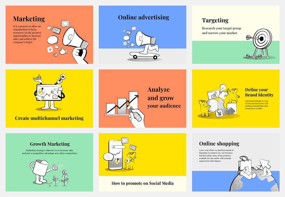 Editable marketing banner templates psd doodle illustrations for business set