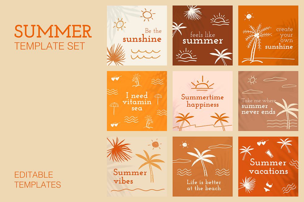 Editable summer templates psd with cute doodle set for social media posts