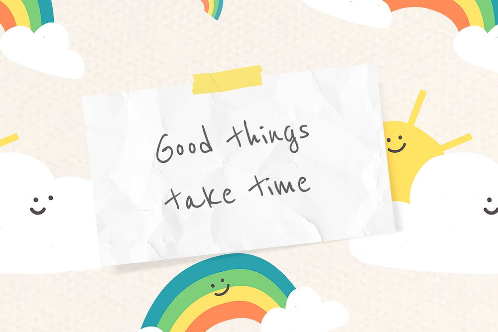 Cheerful quote template psd with cute doodle rainbow drawings banner