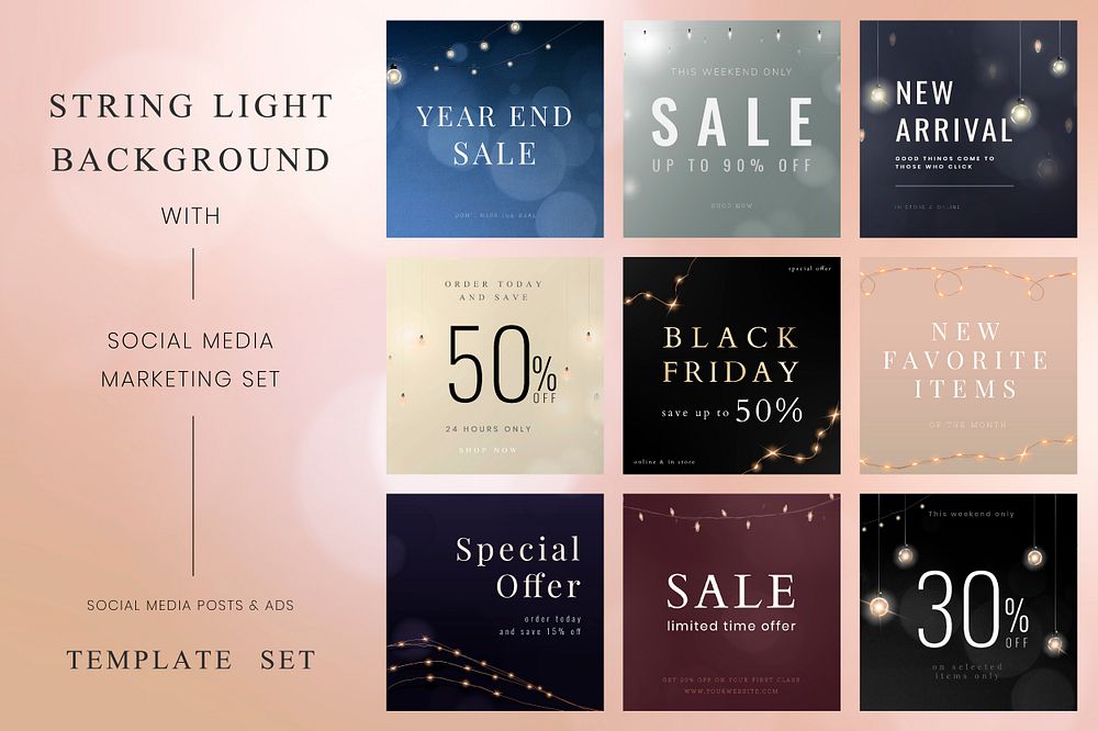 Social media template psd editable marketing posts with beautiful lights collection