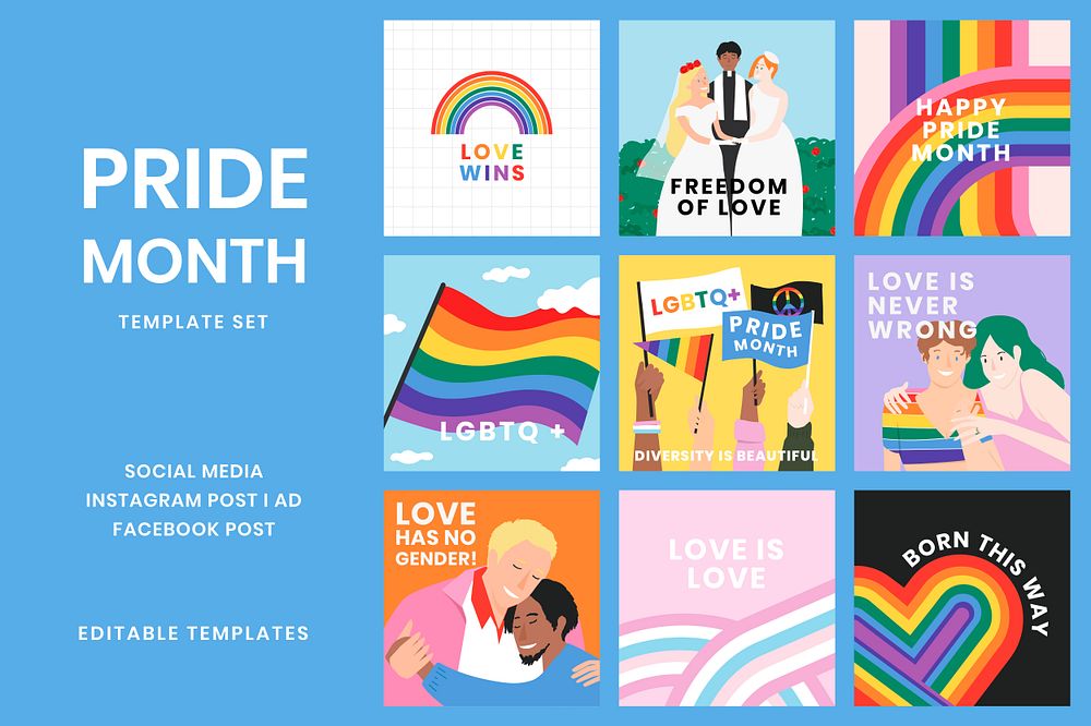 Pride month social media template psd set