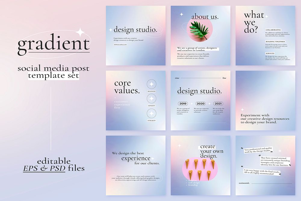 Gradient social media post psd with editable text collection