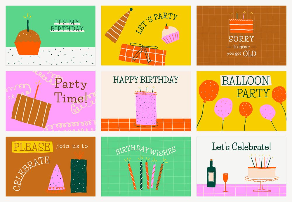 Colorful birthday banner template psd with cute doodles set