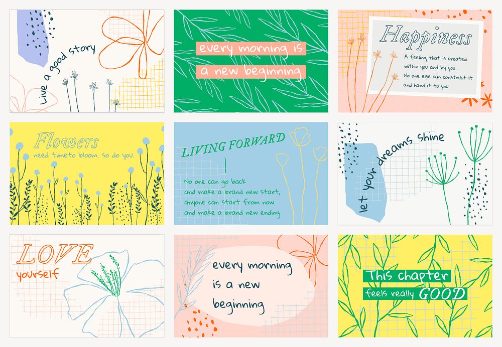 Aesthetic floral banner template psd with positive quote set