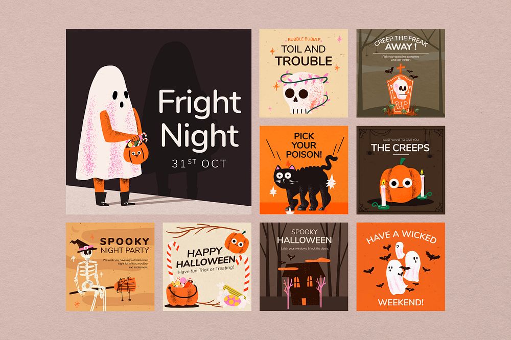 social media post templates PSD, cute Halloween illustration set