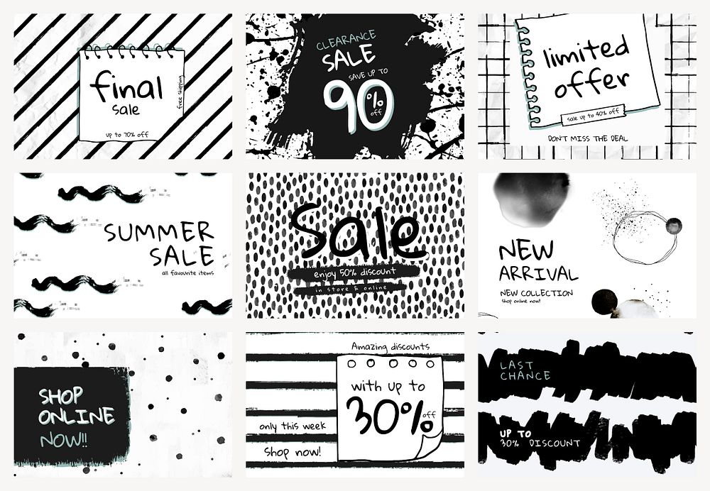 Editable newsletter banner template psd set with ink brush patterns for shop sale and new arrival