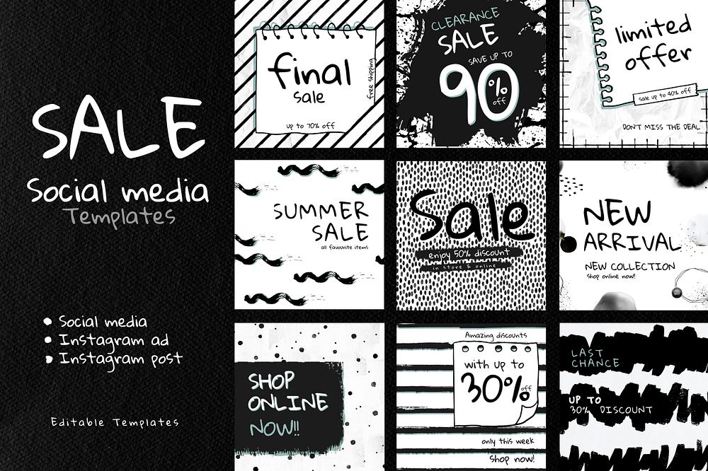 Editable sale template psd with ink brush pattern set