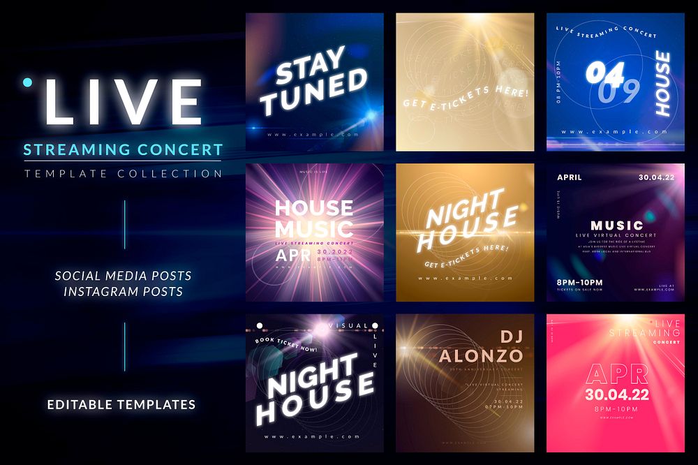 Live streaming concert post psd set on light effect background