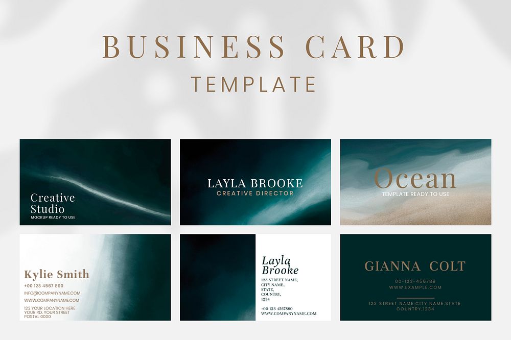 Business card editable template psd set with dark ocean wave watercolor