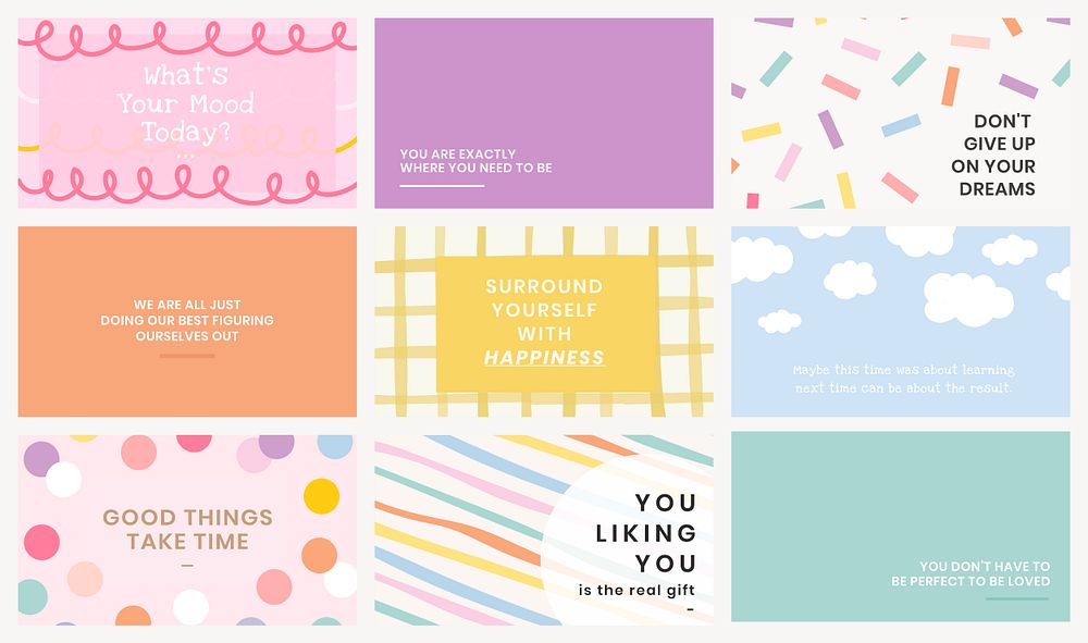 Editable template psd set on cute pastel backgrounds with inspirational texts