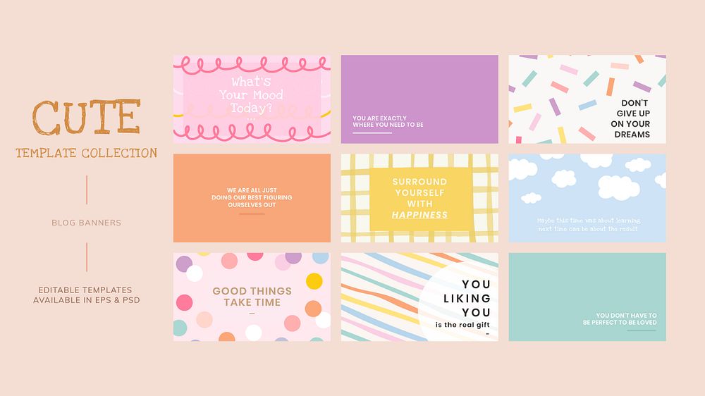 Editable banner template psd set on cute pastel backgrounds with inspirational texts