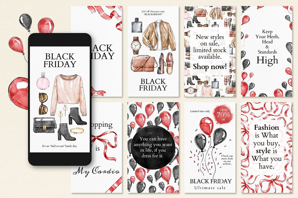 Black Friday sale template psd set for social media stories