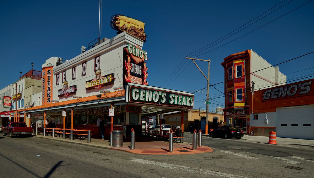 View of Philadelphia, Pennsylvania’s famous Geno’s Steaks restaurant in the south Philadelphia neighborhood, home to a large…