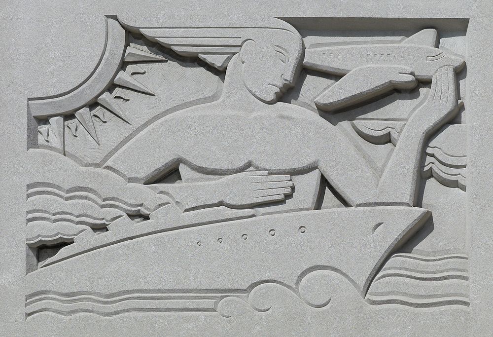 Artist: Barger, Raymond, FA476-B, "Transportation & Distribution of the Mail" 1940, 3' x 4-1/2'x2", Stone, SculptureLocated…