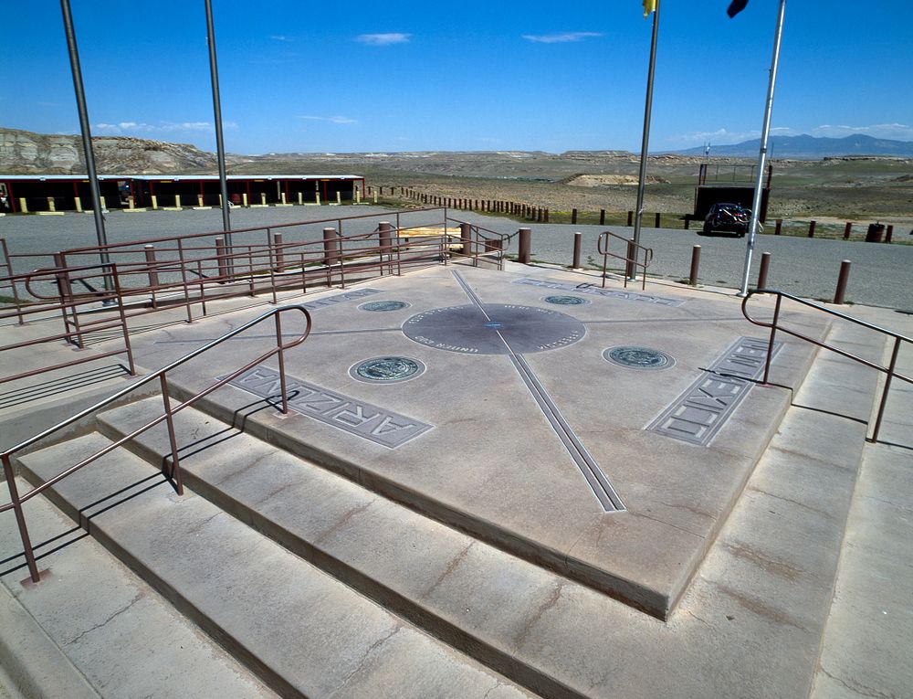 This is the Four Corners Monument, marking the only spot in the United States where four states (Arizona, Utah, Colorado…