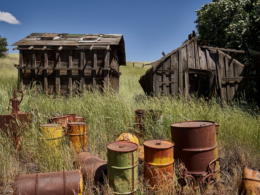 Empty metal drums litter the overgrown grass at an abandoned farmstead near Washtucna, Washington.