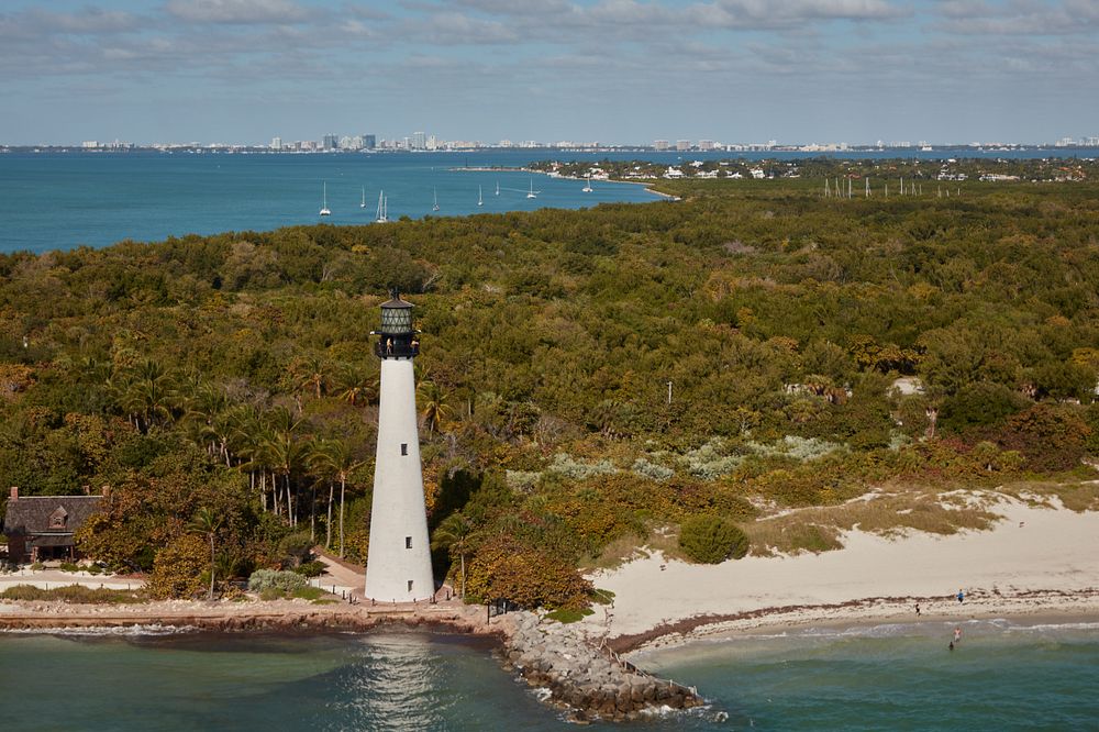 The Cape Florida Lighthouse in Key Biscayne, a barrier island town across the Rickenbacker Causeway from Miami, Florida.