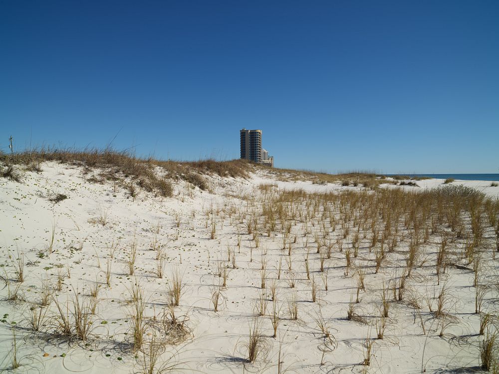 A single high-rise apartment as seen from the beach in Perdido Key, a beach community in extreme west Florida, near the…