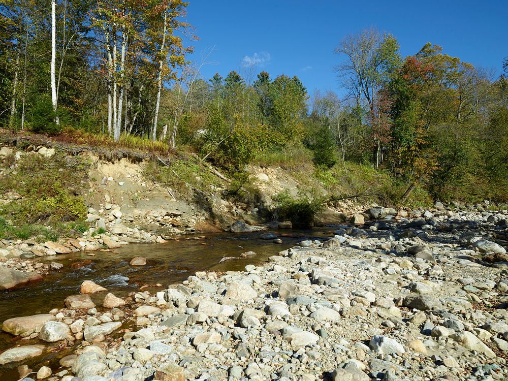 View of rocky Otter Creek, which flows through woods and farmland between Weybridge and Middlebury, Vermont.