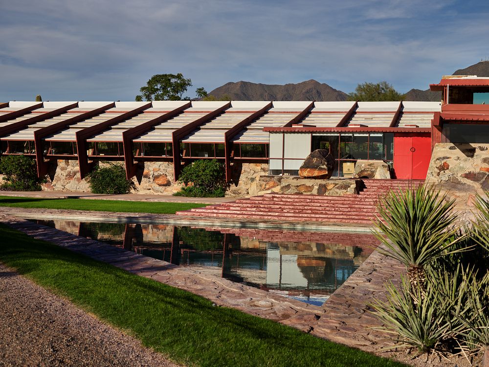 Exterior view of the drafting studio at Taliesin West, renowned architect Frank Lloyd Wright's winter home and school in the…