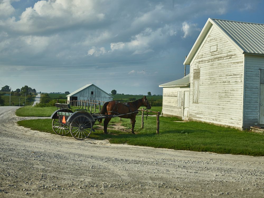 Parked Amish horse and buggy in Kalona, Iowa.