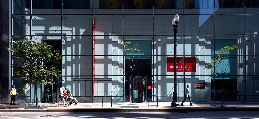 A crosshatch shadow pattern dominates this street scene in downtown Chicago, the largest city in Illinois and (as of 2020)…