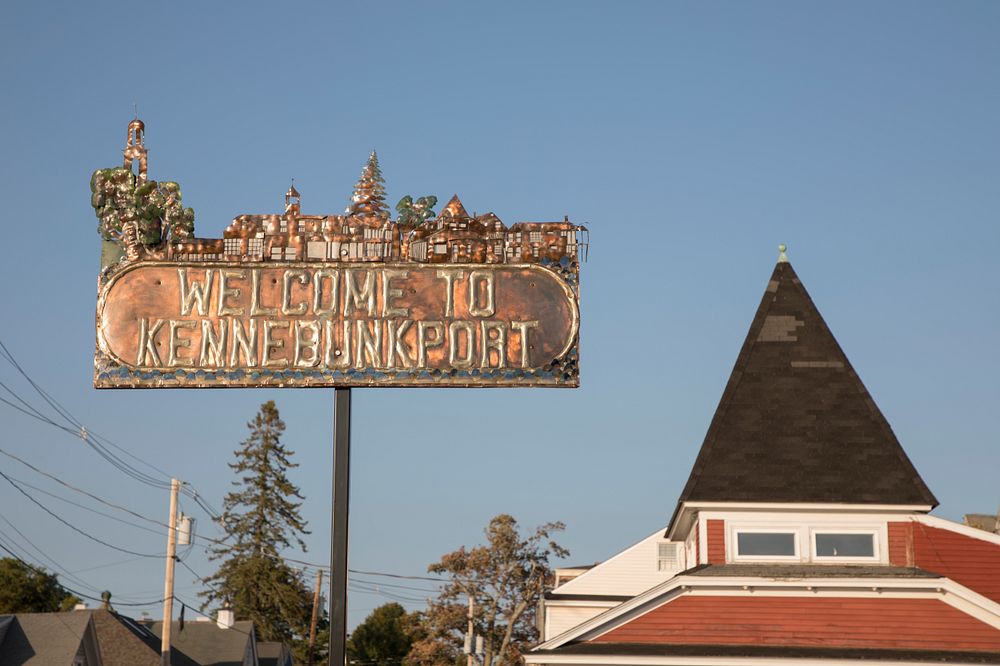 Elaborate metal welcome sign to Kennebunkport, Maine, home of the summer compound of the 41st president of the United…