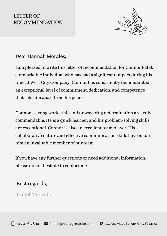 Letter of recommendation template, editable text