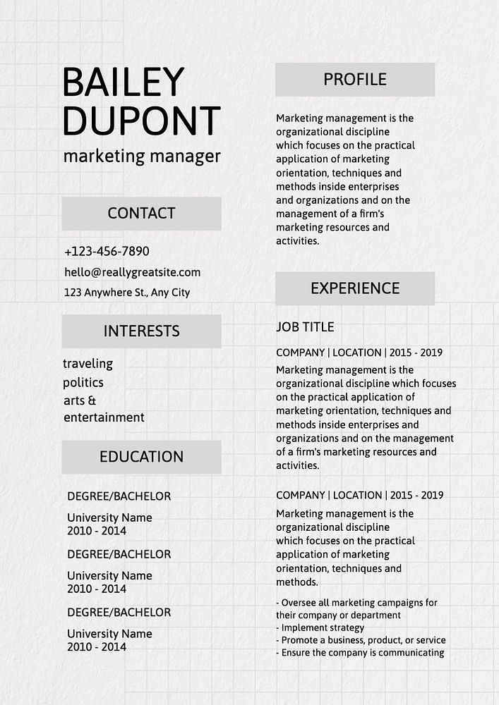 Marketing manager resume template, editable text