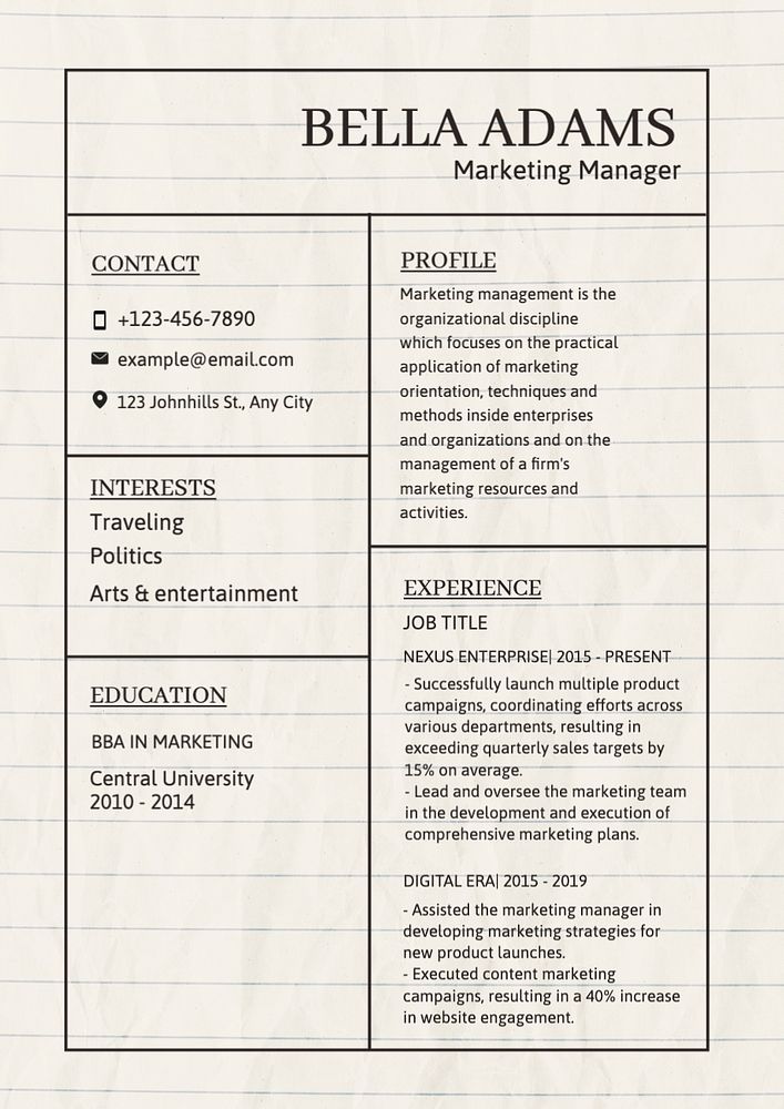 Marketing manager resume template, editable text