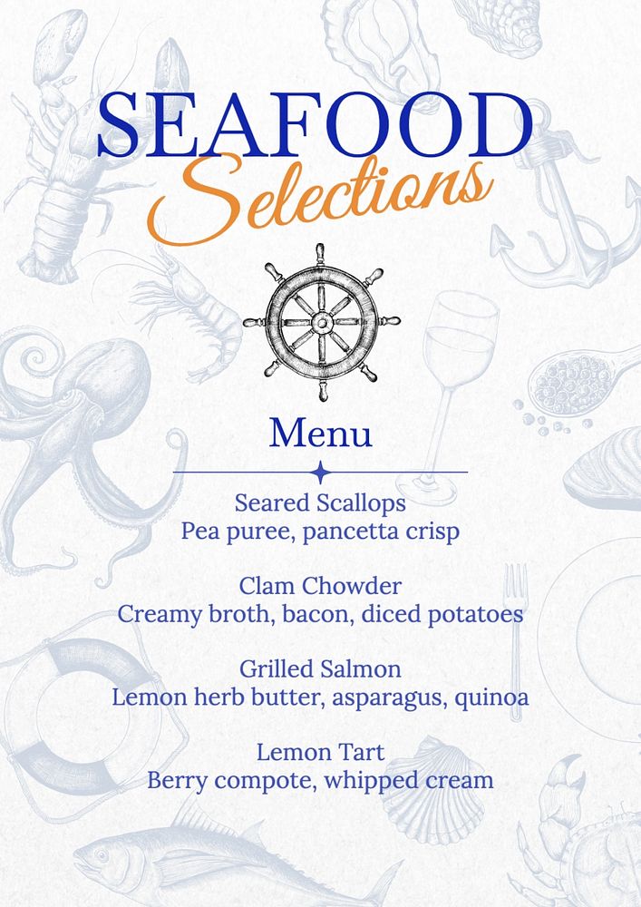 Seafood menu poster template, editable text and design