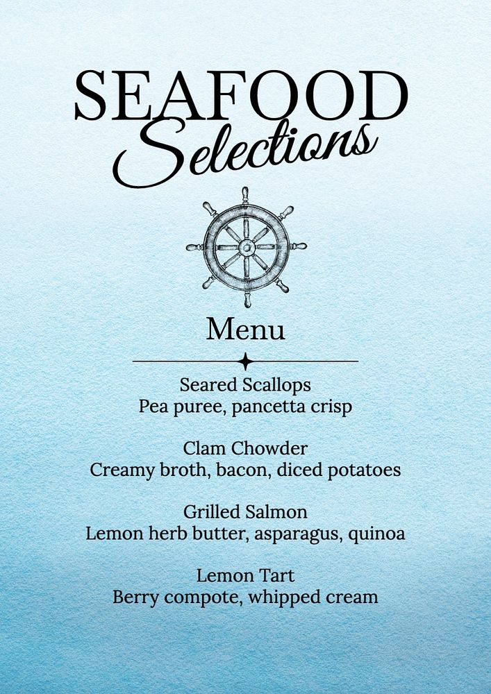 Seafood menu poster template, editable text and design