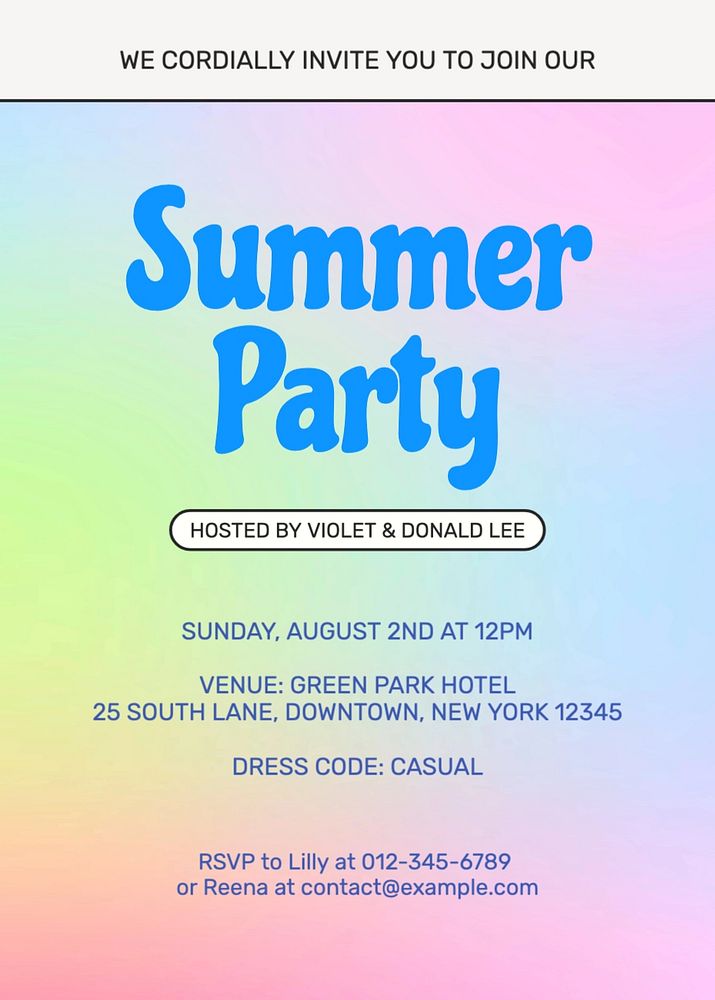 Summer party invitation card template, editable text